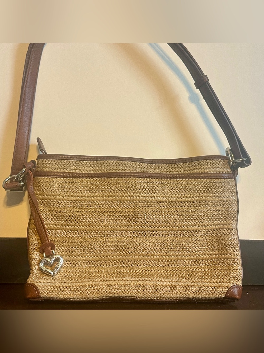 Brighton Woven Straw Shoulder Bag with Brown Trim and Silver Heart Charm